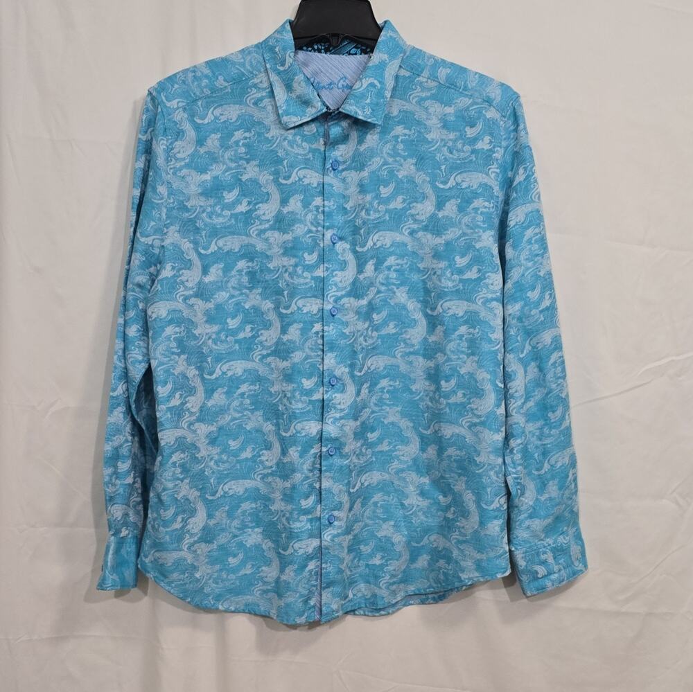 Robert Graham Men's 2XL Classic Fit Blue Paisley Linen Cotton Shirt Double-Sided